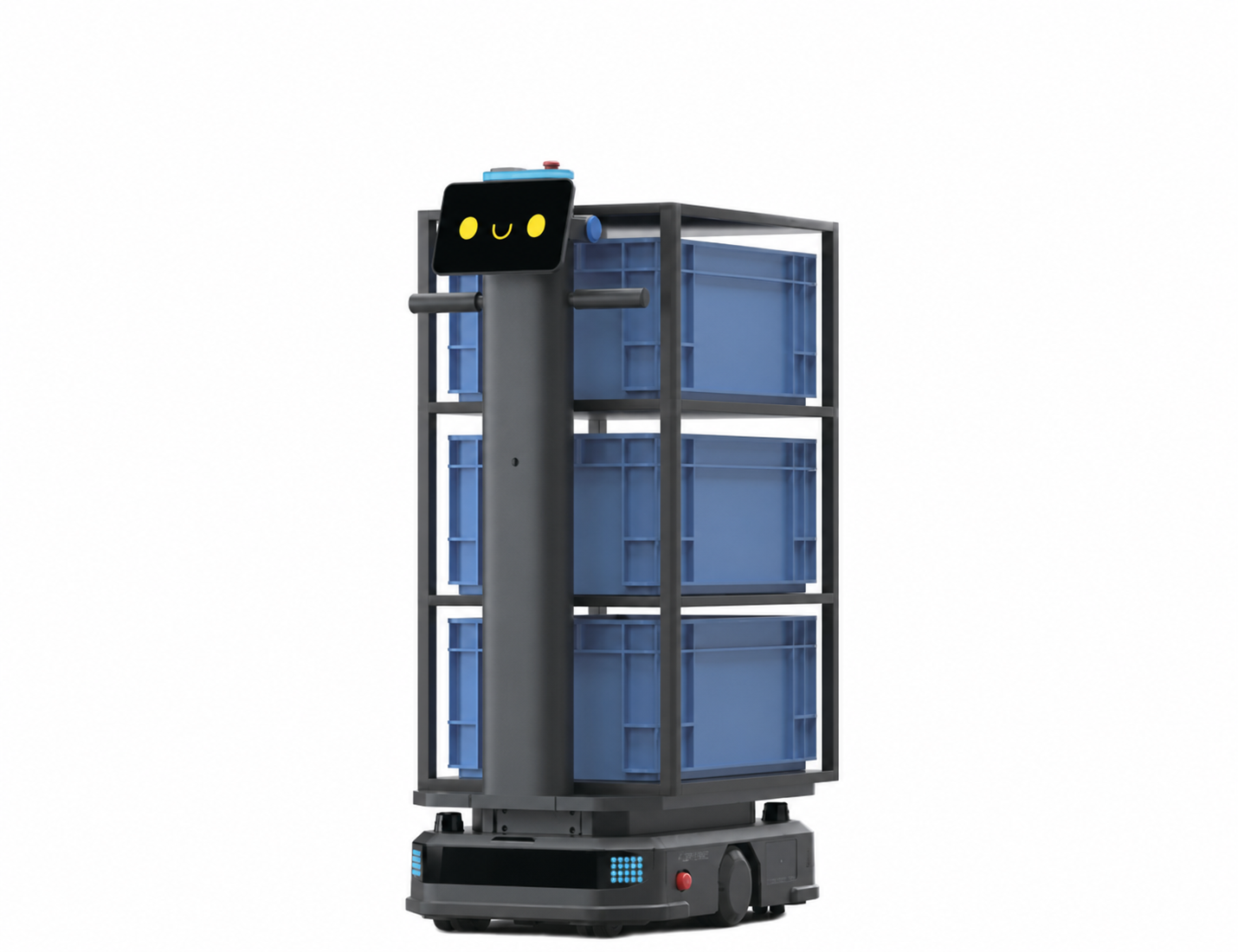 Jeff Bot con rack di cassette e faccina giallo sicurezza