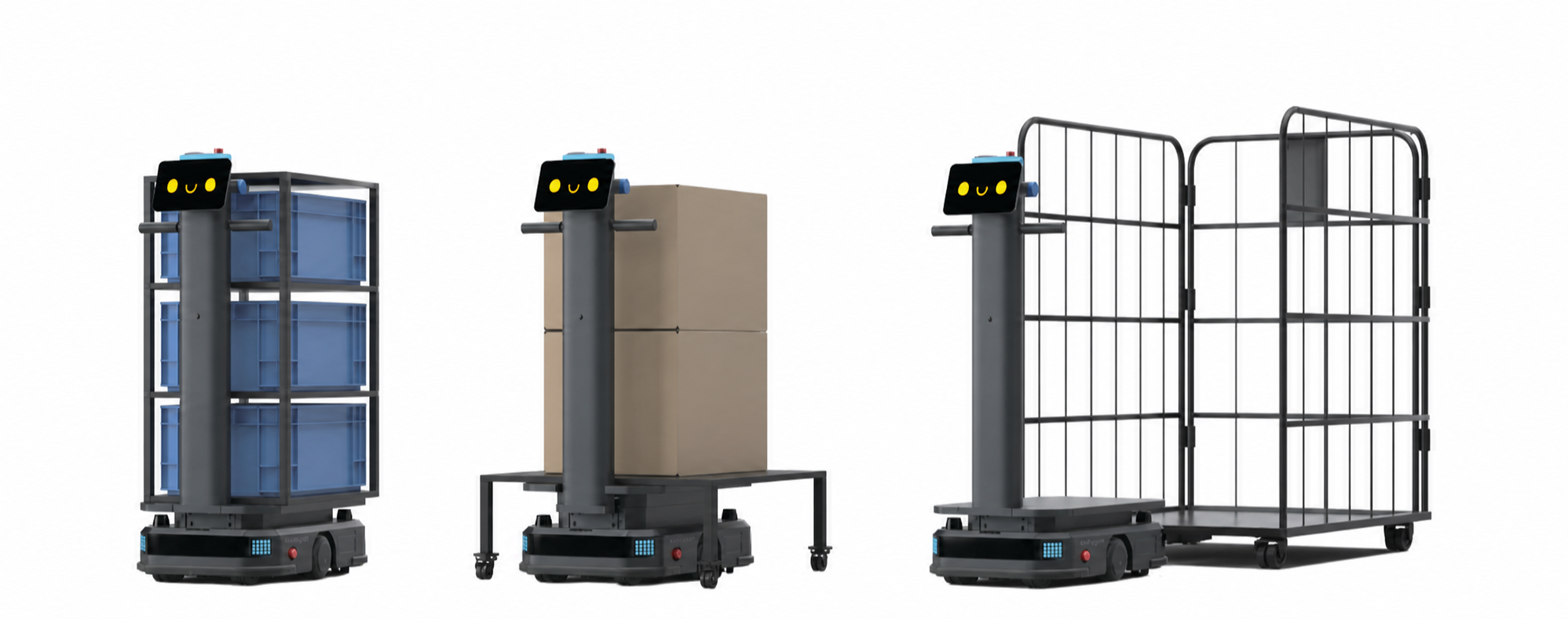 Gamma Jeff Bot con scaffale, piano di carico, gabbia trainata e faccine giallo sicurezza