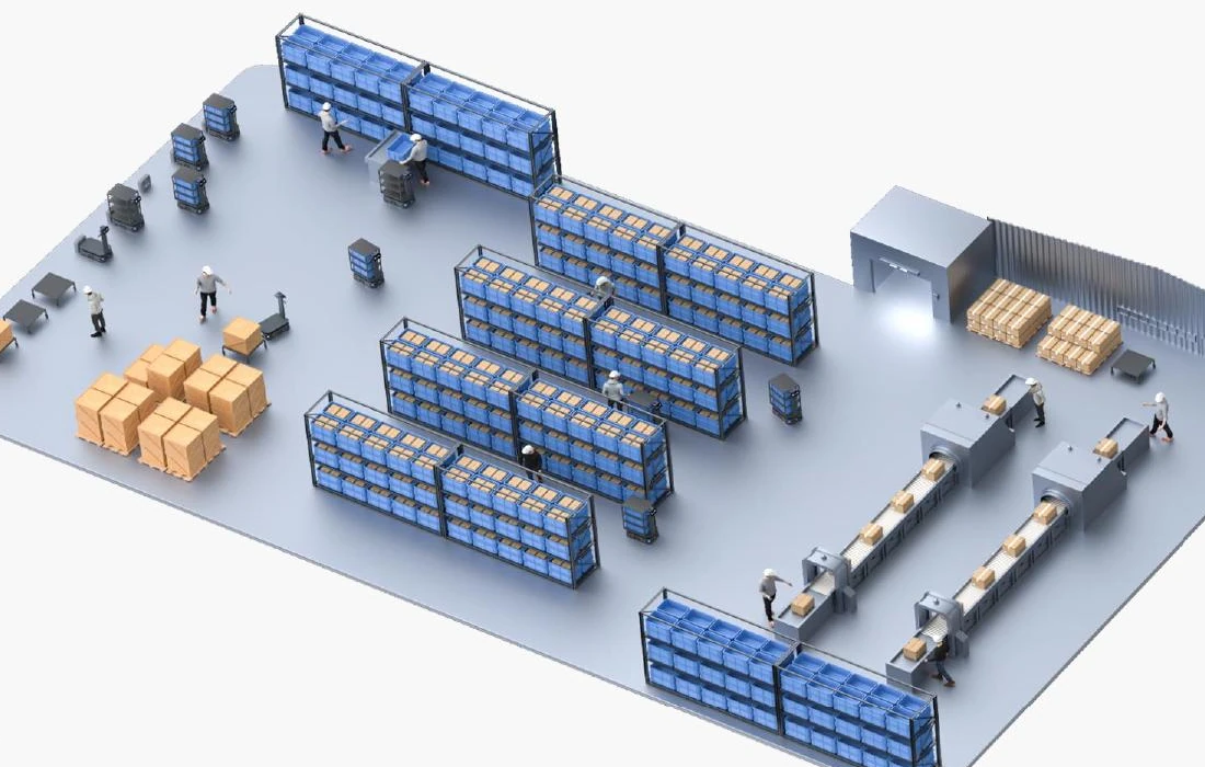 Schema di magazzino order-to-person con robot e postazioni di picking