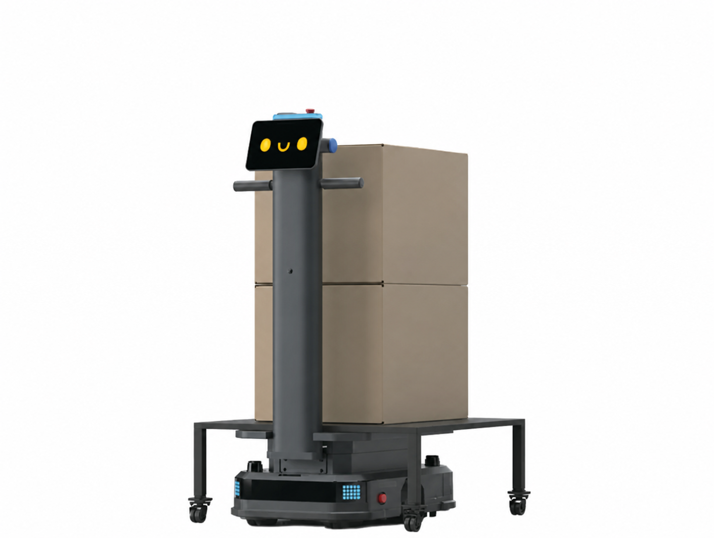 Jeff Bot con carrello per scatole e faccina giallo sicurezza