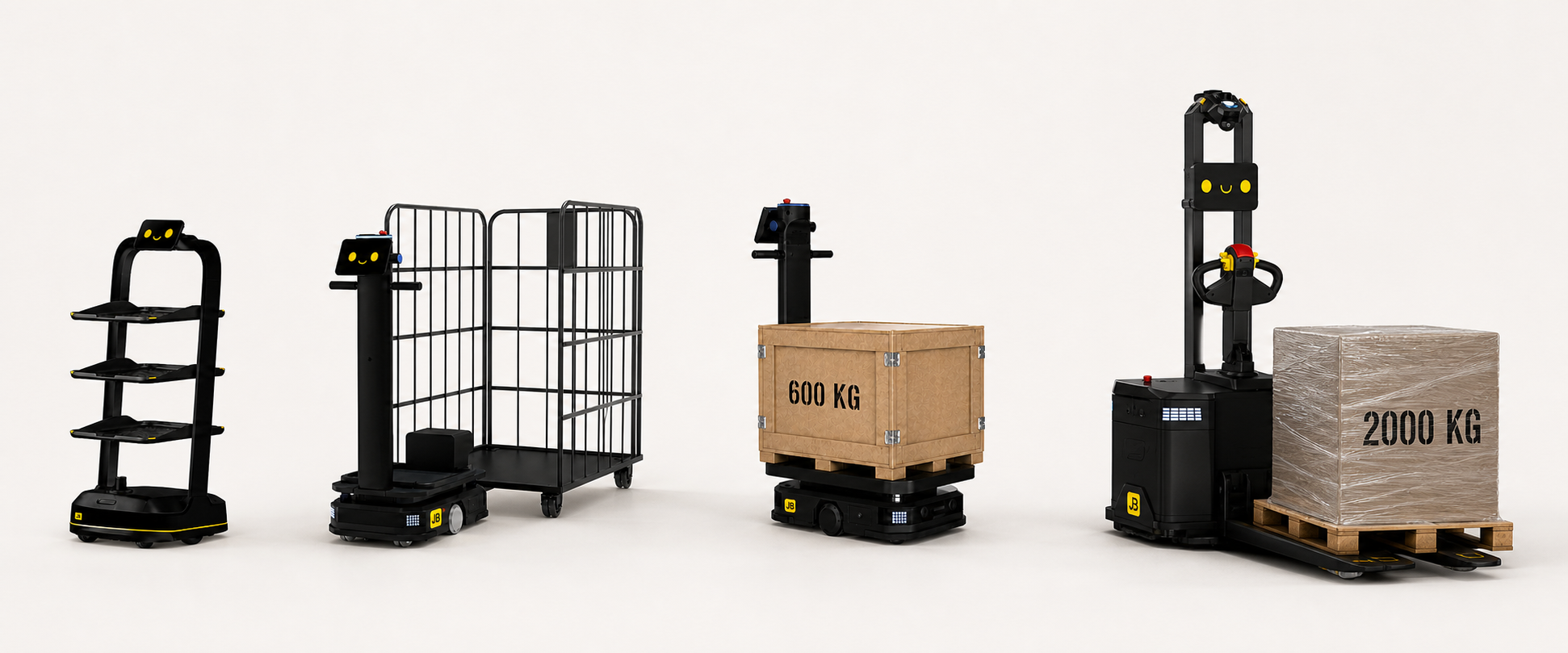 Gamma Jeff Bot con Mini, Pro, Pro Max da 600 kg e Ultra da 2000 kg, allineati e proporzionati con finitura nero satinato e dettagli giallo sicurezza