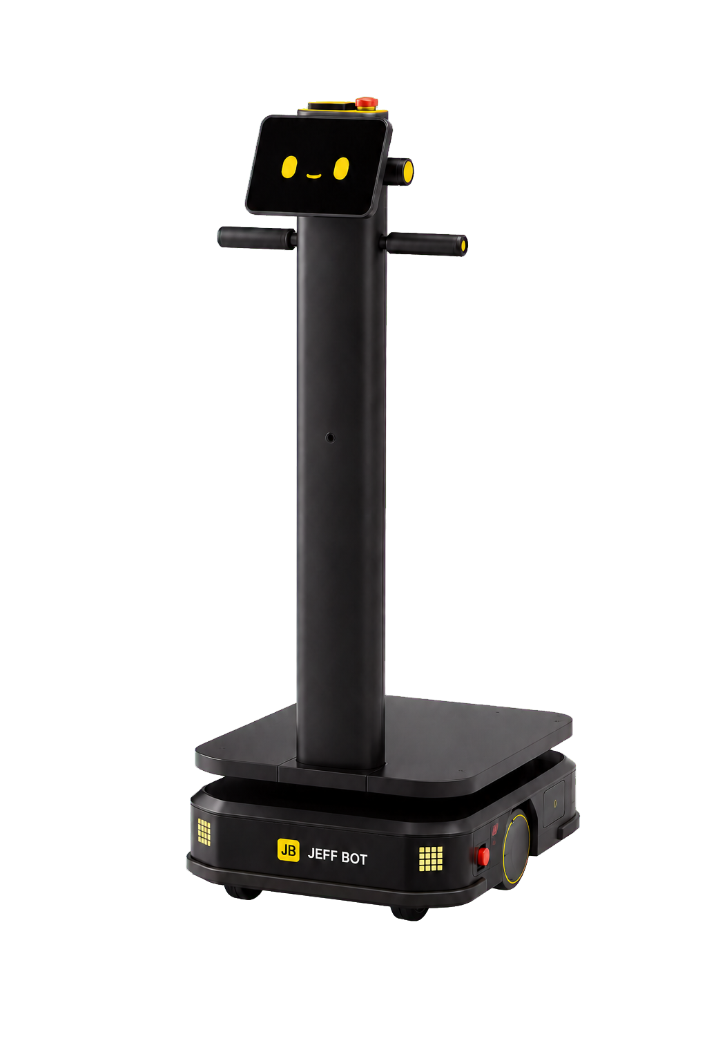 Jeff Bot One piattaforma industriale da 150 kg in nero con dettagli e faccina giallo sicurezza