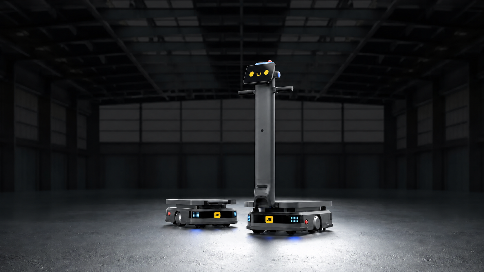 Gamma Jeff Bot Pro Max in ambiente industriale con faccina giallo sicurezza