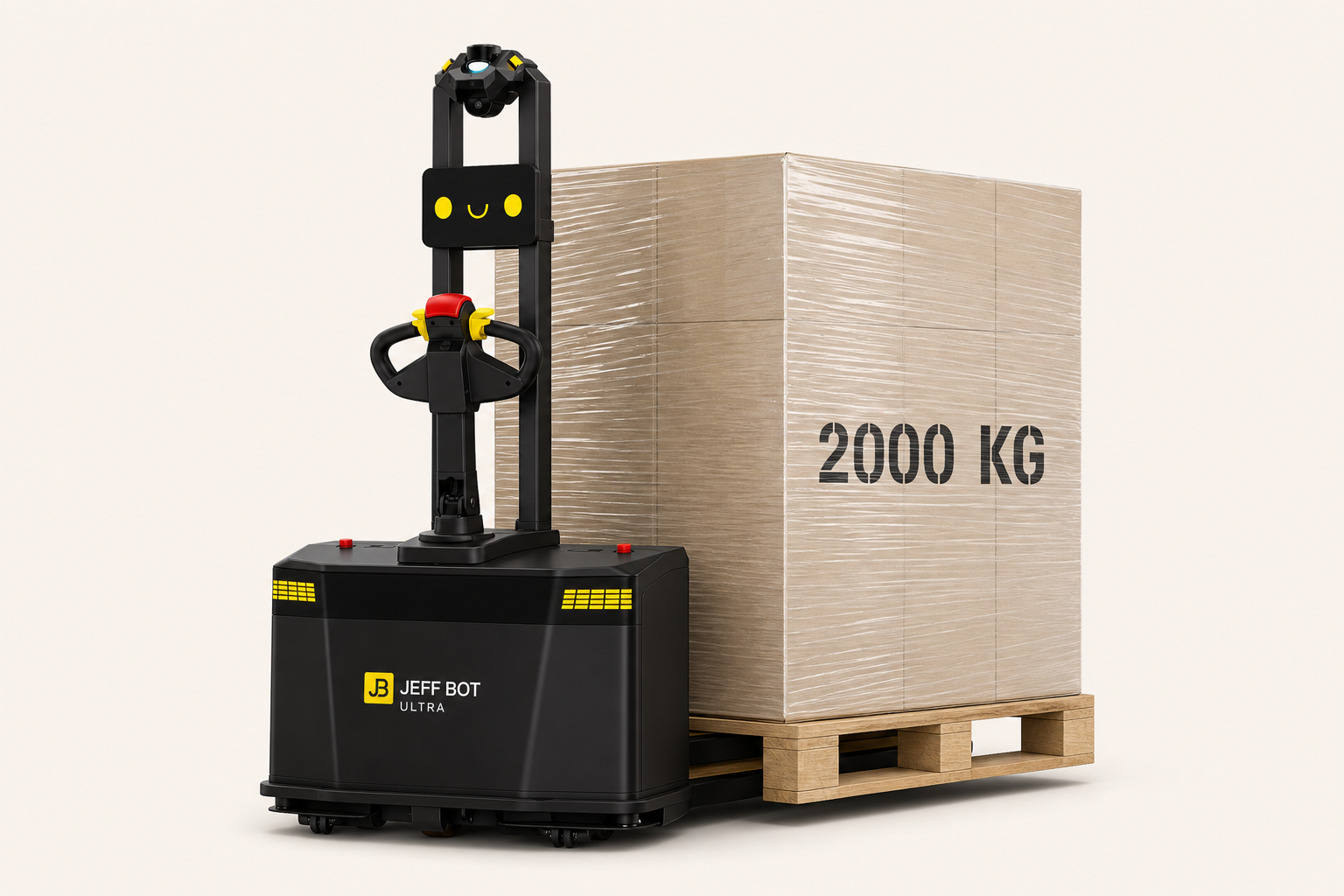 Jeff Bot Ultra portapallet autonomo nero e giallo con logo JB e carico industriale da 2000 kg