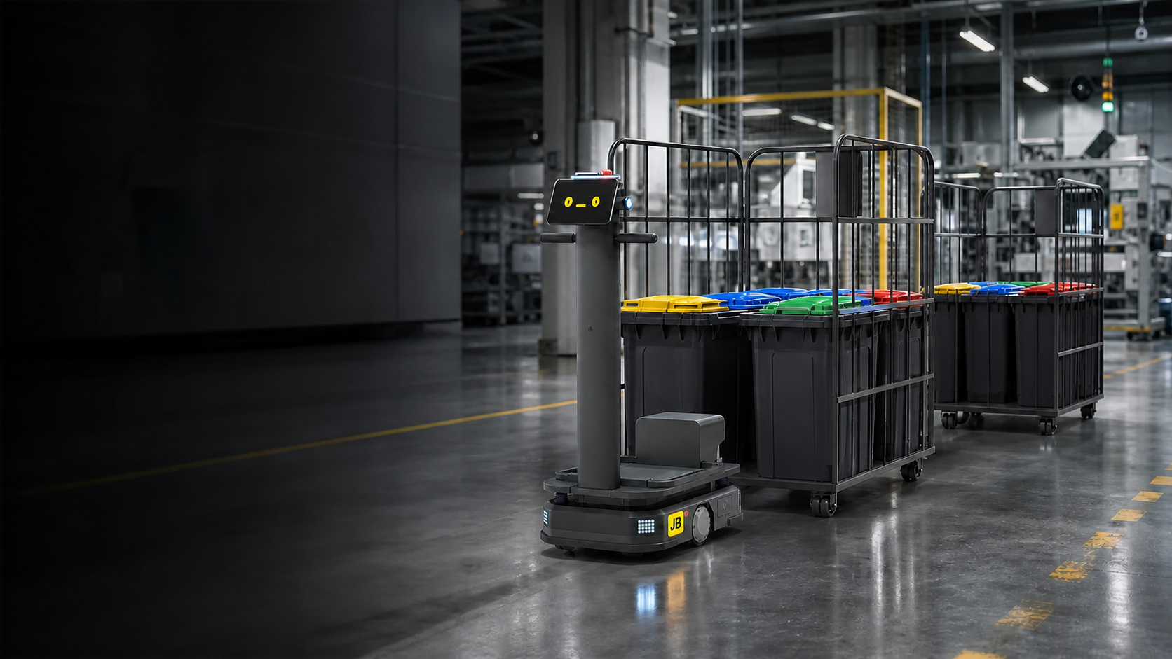 Jeff Bot trasporta contenitori chiusi per la raccolta differenziata in fabbrica